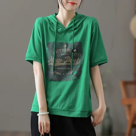 dza复古宽松连帽t恤女士夏季薄款短袖体恤短款带帽上衣休闲打底衫商品大图
