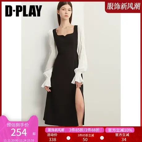 DPLAY秋新法式赫本风宫廷方领黑拼白喇叭袖侧开衩长款连衣裙商品大图