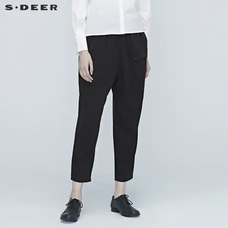 sdeer圣迪奥春装休闲简约松紧收腰口袋宽松黑色长裤女S20380805图片