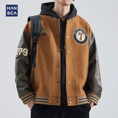 hansca重磅羊毛呢外套男2025春秋美式复古棒球服宽松撞色皮衣夹克商品大图