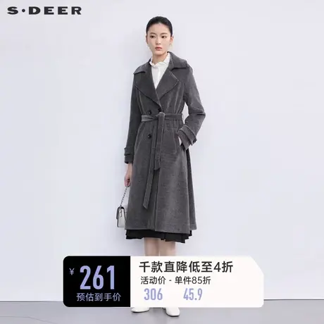 sdeer圣迪奥秋冬装女装时尚翻领收腰灯芯绒毛呢大衣S223Z1861图片