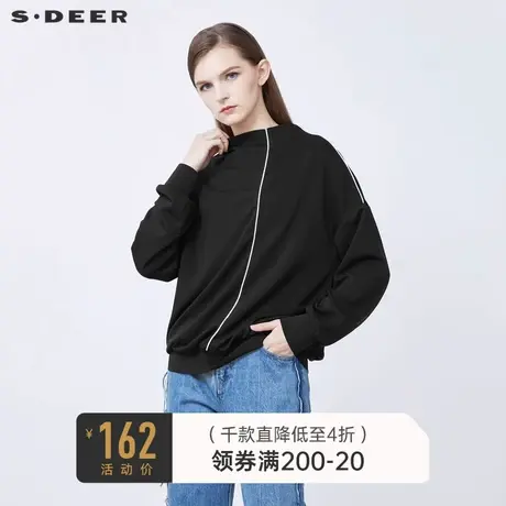 sdeer圣迪奥冬一字领撞色线条罗纹黑色长袖T恤S21480206图片