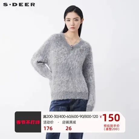 sdeer圣迪奥女装休闲罗纹V领宽松长袖针织衫S21463573图片