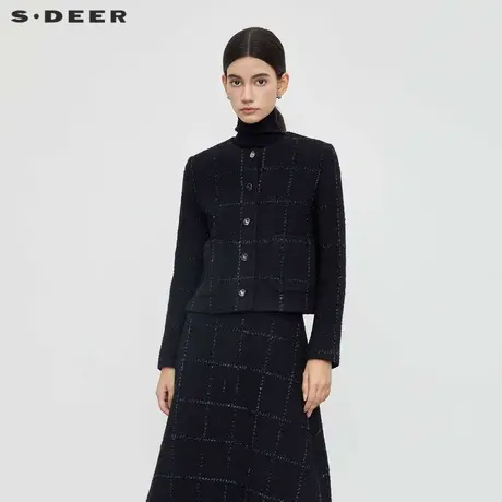 【直播间专属】sdeer圣迪奥小香风套装撞色格纹毛呢外套S23462206图片