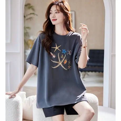 宝诗黎圆领钉珠印花宽松T恤2025夏季休闲简约百搭大码棉质短袖女图片