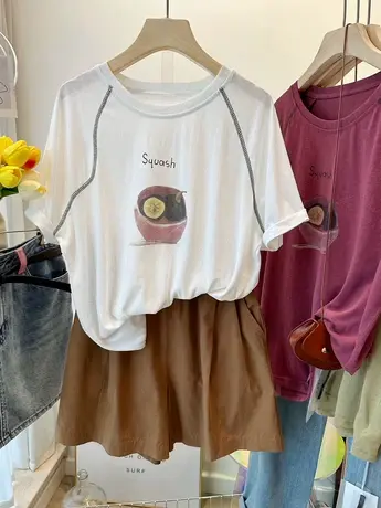 美式复古夏季23新款百香果英文印花短袖T恤女洋气明线插肩袖上衣商品大图