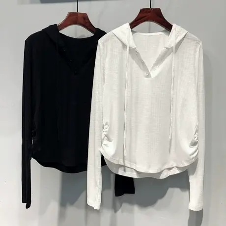 ins超火连帽V领长袖T恤女秋季韩版宽松显瘦设计感小众别致上衣服图片