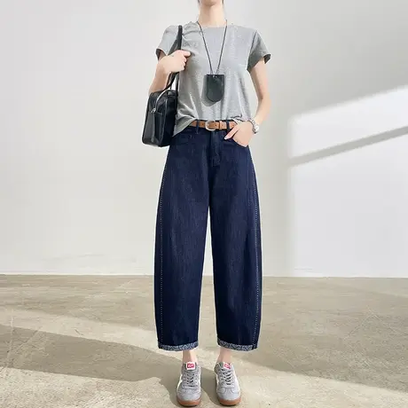莱赛尔天丝棉弯刀牛仔裤女夏季薄款宽松小个子九分翻边哈伦老爹裤图片