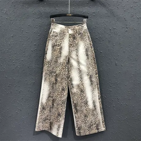 美式复古个性风豹纹牛仔裤女2025春夏新款洋气高腰显瘦印花阔腿裤图片