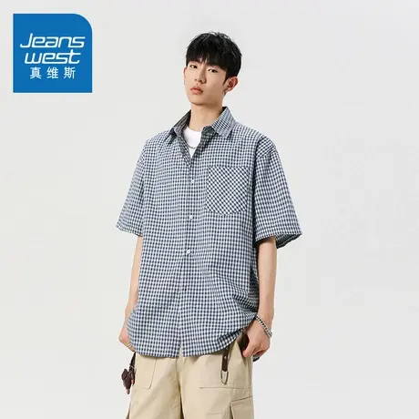 N5真维斯男士短袖衬衫2025夏季美式时尚格纹男生休闲宽松百搭衬衣商品大图