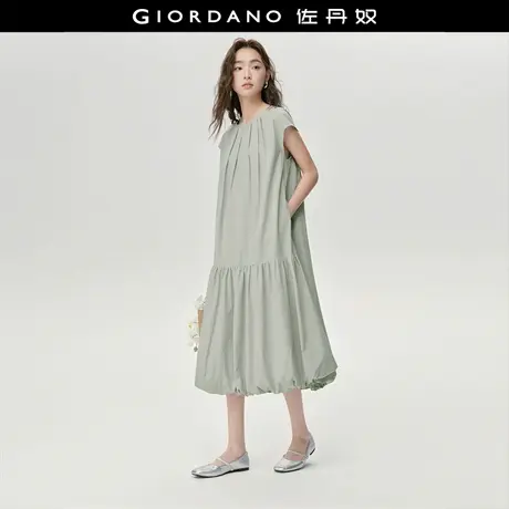 设计师款佐丹奴裙子女压褶圆领小飞袖拼接花苞下摆连衣裙18465529商品大图