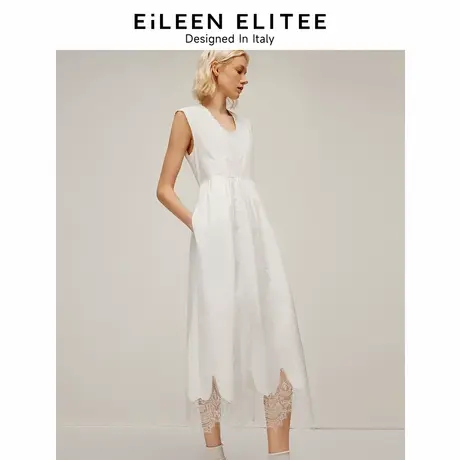 【意大利设计】朗姿纯棉气质无袖小白裙2024夏新款蕾丝拼接连衣裙商品大图