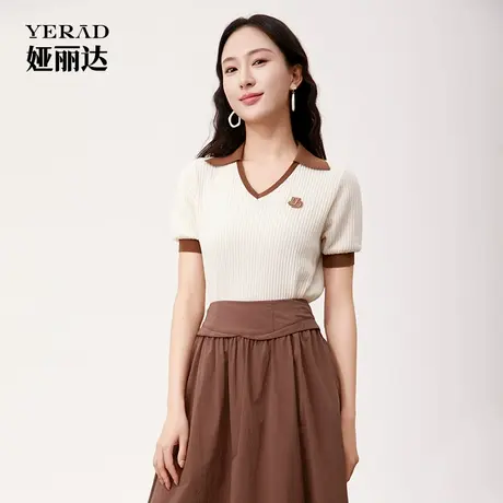 娅丽达美式polo领针织短袖T恤女夏季复古正肩修身上衣套头打底衫商品大图