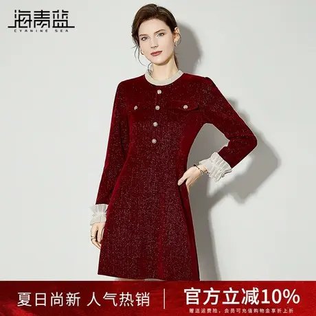 海青蓝小香风红色连衣裙女2025春装新款气质高级感花边领收腰裙子商品大图