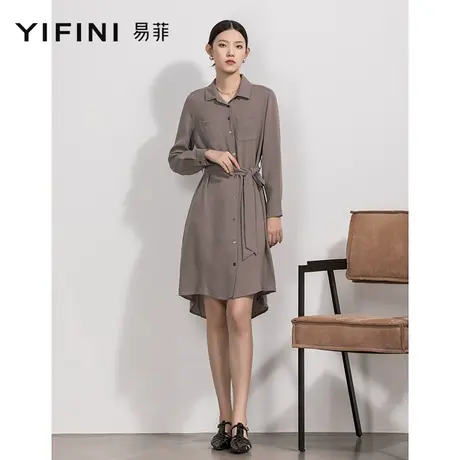 Yifini/易菲三醋酸中长款衬衫裙薄款宽松长袖连衣裙女设计感小众图片