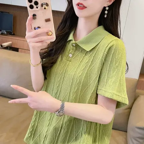设计感小众polo领短袖t恤女夏季韩版宽松大码女装正肩针织上衣服商品大图
