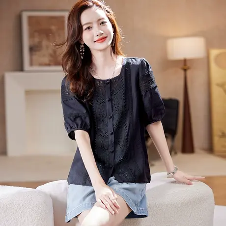 宝诗黎【新品价168元】泡泡袖蕾丝拼接衬衫AEB5019商品大图