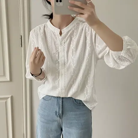 韩版气质V领刺绣单排扣七分袖白衬衫女2025年夏装休闲宽松上衣商品大图