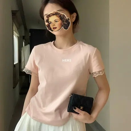 简约日常百搭蕾丝拼接正肩纯色短袖T恤女夏季新款显瘦辣妹上衣服商品大图