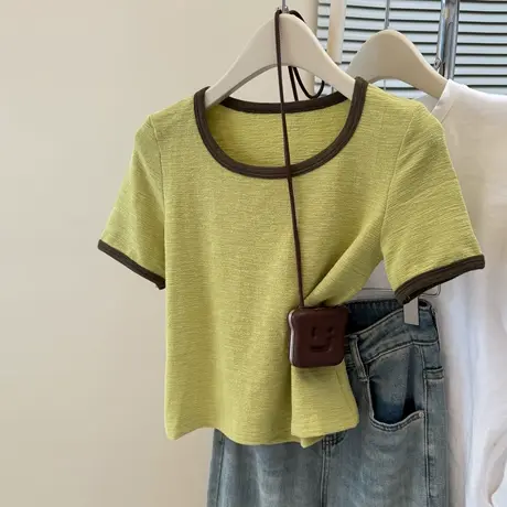 设计感小众撞色正肩短袖T恤女夏季修身韩版显瘦短款U领肌理感上衣商品大图