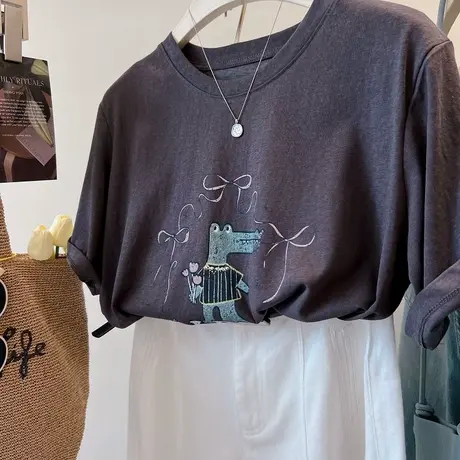 童趣卡通恐龙印花~软糯舒适雪花棉简约可爱减龄百搭短袖T恤女夏商品大图