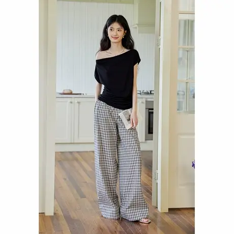 弥古慵懒风格子裤女2025新款夏季薄款阔腿裤高级感垂感直筒裤长裤商品大图