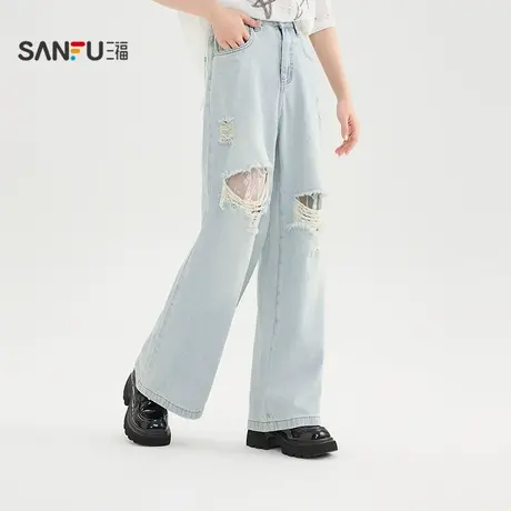三福牛仔裤2025夏季蕾丝破洞设计宽松阔腿裤裤子女装503833商品大图