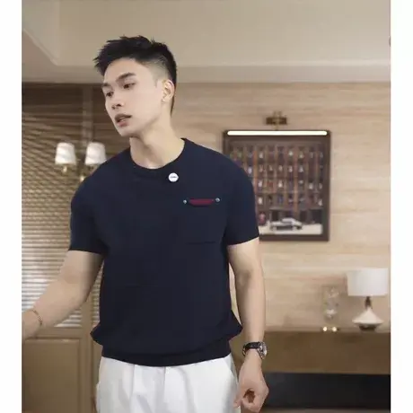 2025夏季潮牌圆领短袖纯色时尚针织休闲个性口袋老钱风T恤上衣男图片