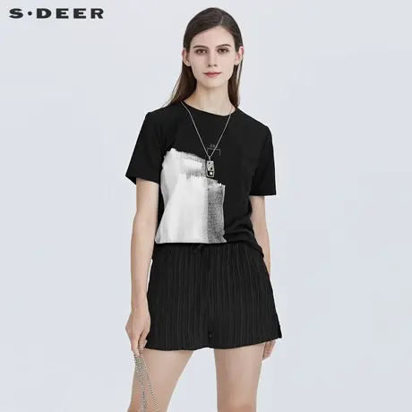 sdeer圣迪奥女装夏装时尚圆领字母印花小众黑色短袖T恤S21280122图片