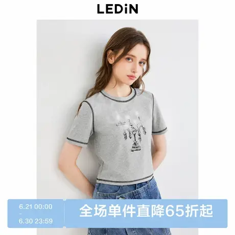 乐町韩系机能烛台图案印花短袖T恤夏季新款正肩修身短款上衣图片