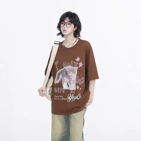 YEP卡通猫咪印花短袖t恤女春夏2025年新款宽松复古美拉德半袖上衣图片