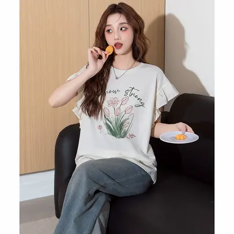 唐狮夏季女新款短袖T恤花边袖白色圆领郁金香设计感小众气质官方图片