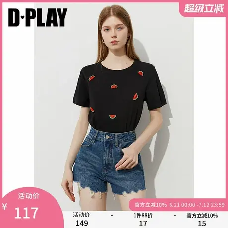 DPLAY2025年夏季新款黑色t恤女休闲时尚洋气宽松圆领短袖上衣图片