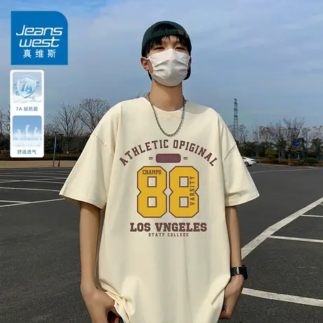 KZH真维斯透气短袖T恤男夏季新款宽松百搭打底衫数字印花休闲上衣商品大图