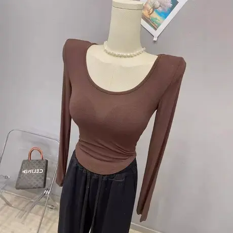 薄款半透视性感紧身垫肩显瘦上衣纯色百搭u领T恤打底衫女长袖内搭图片