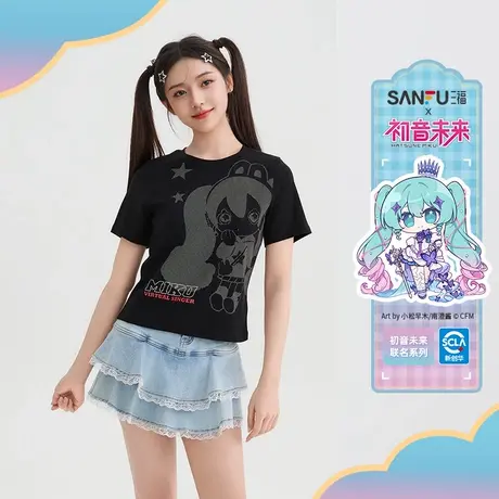 【初音未来联名】三福短T恤2025夏季印花短款上衣女装503959商品大图