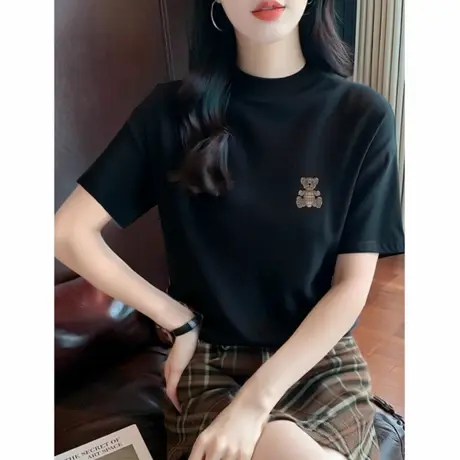 2025黑色半高领短袖欧洲站小熊洋气宽松遮肉正肩潮牌欧货百搭上衣图片