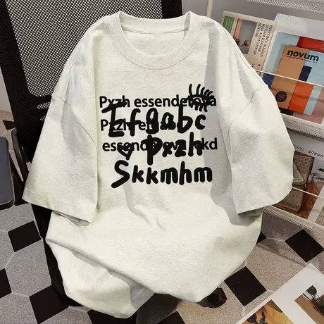 纯棉重磅短袖t恤女2025新款美式夏季字母印花圆领宽松ins情侣上衣商品大图