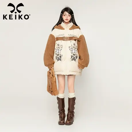 KEIKO 羊羔毛拼接连帽羽绒服女2023冬季复古宽松加厚白鸭绒外套商品大图