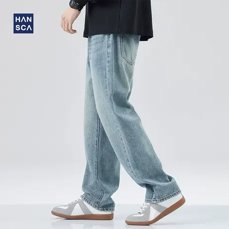 hansca阔腿牛仔裤男大码2023春季潮牌复古宽松直筒休闲水洗长裤子商品大图