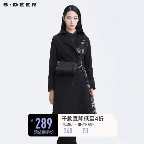 sdeer圣迪奥秋冬白色涂鸦腰带网纱拼接翻领黑色长款风衣S20181811图片