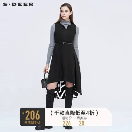 sdeer圣迪奥冬女装休闲V领收腰撞色印花无袖黑色连衣裙S20481224商品大图