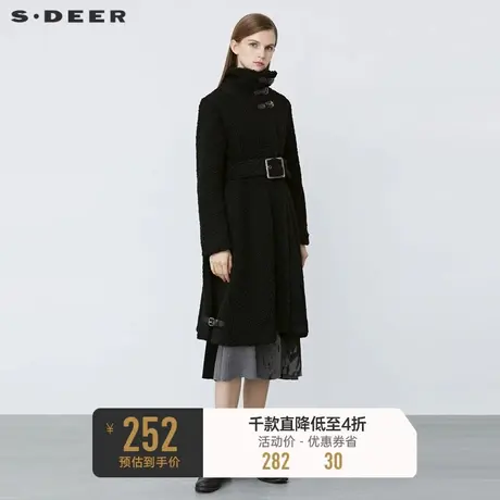 sdeer圣迪奥冬高领收腰仿羊羔绒黑色长款大衣女S21481816图片