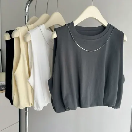 下摆抽褶收腰无袖T恤女夏季韩版宽松短款小个子纯棉背心上衣体恤商品大图