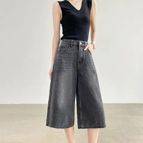 复古六七分阔腿牛仔短裤女夏季款高腰黑灰色垂感百搭宽松直筒中裤商品大图