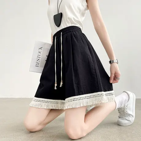黑色外穿拼接流苏休闲短裤女夏季薄季高腰宽松小个子阔腿a字热裤商品大图