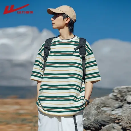回力短袖T恤男士夏季2025新款潮流宽松日系复古休闲重磅条纹半袖商品大图