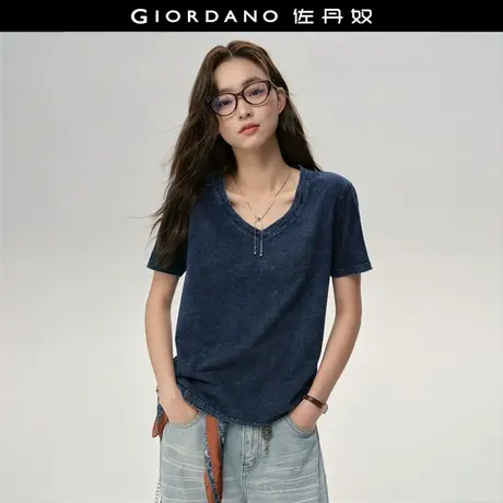 设计师款佐丹奴短袖T恤女新款纯棉t恤衫仿牛仔V领上衣女18325918图片