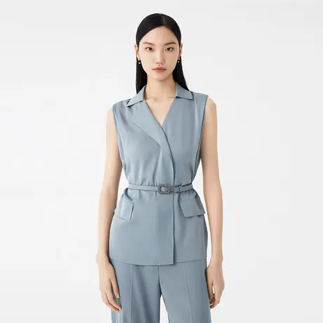 LANCY/朗姿夏季西装领马甲收腰显瘦翻领无袖通勤上衣翻领图片