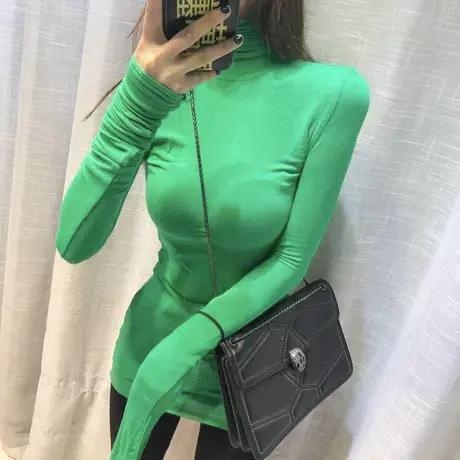 韩版新款堆堆袖高领打底衫女纯色百搭韩范薄款上衣修身显身材T恤商品大图